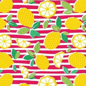 Small scale // Paper cut geo lemons // white and pink stripes on background yellow geometric citrus fruits