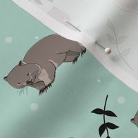 Wombats & Leaves on mint green background