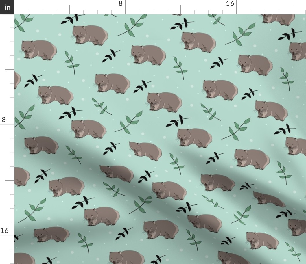 Wombats & Leaves on mint green background