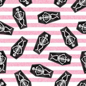 skeletons fabric - coffin halloween design - pink stripe