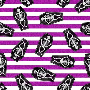 skeletons fabric - coffin halloween design - purple stripe