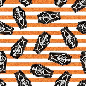 skeletons fabric - coffin halloween design - orange stripe