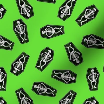 skeletons fabric - coffin halloween design - lime