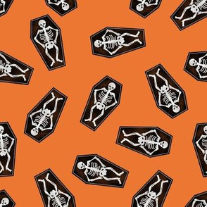 skeletons fabric - coffin halloween design - orange