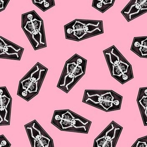 skeletons fabric - coffin halloween design - pink