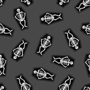 skeletons fabric - coffin halloween design - charcoal