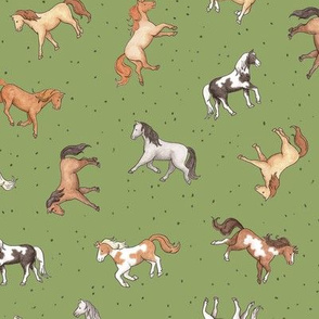 Scattered Horses spotty on olive - medium scale