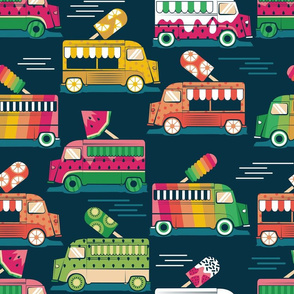 Normal scale // Frutalicious ice cream trucks // navy blue background multicolored fruit popsicles