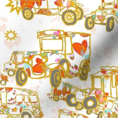 Vintage Trucks with Hearts on White