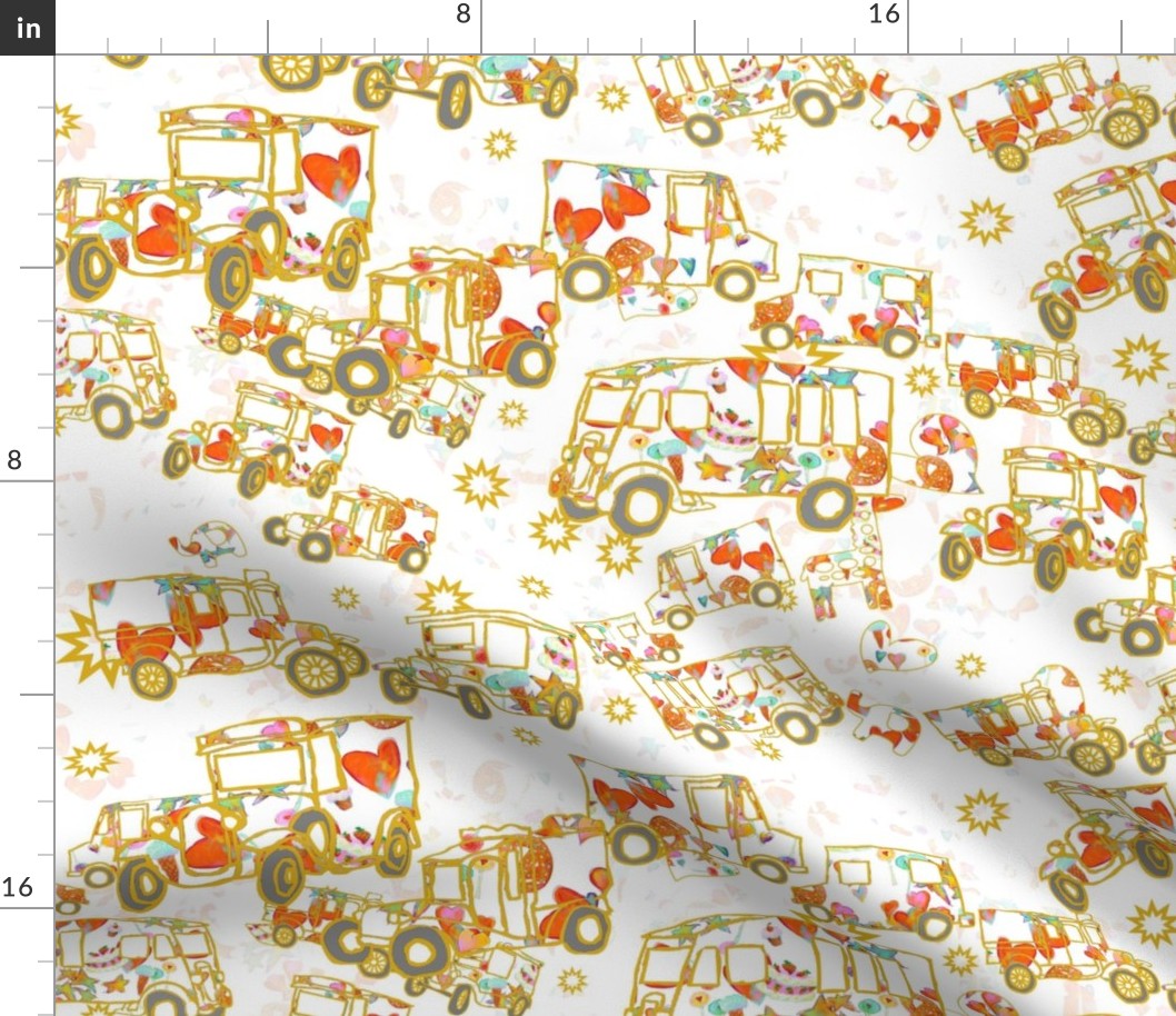 Vintage Trucks with Hearts on White