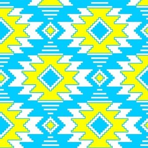  Tribal Aztec Native Ornament - White Vivid Cyan Sky Blue Brilliant Sunny Limon Yellow - Ethnic Amulet Boho Pattern - Large