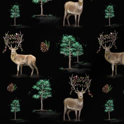 Deer with Christmas Lights Black MED