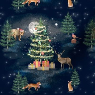 Christmas Tree Woodland Animals Navy - Midnight Mass - MED