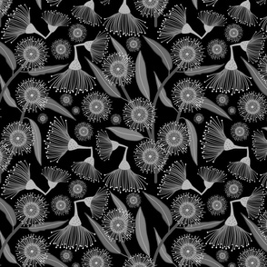 Gum Tree Blossom Pop Art - greyscale on black, medium 