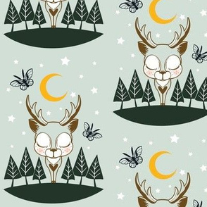 Sleepy Woodland Deer and Trees Under a Starry Night Sky | Light Sage Green | Forest Gree