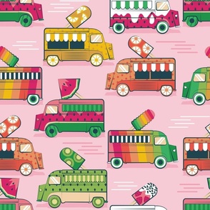 Normal scale  // Frutalicious ice cream trucks // pastel pink background multicolored fruit popsicles