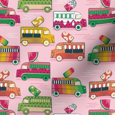 Small scale // Frutalicious ice cream trucks // pastel pink background multicolored fruit popsicles