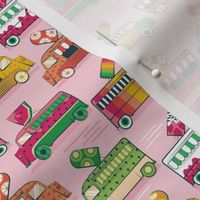 Tiny scale // Frutalicious ice cream trucks // pastel pink background multicolored fruit popsicles