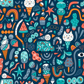 Large Funny summer design with cats, ice cream, shapes
