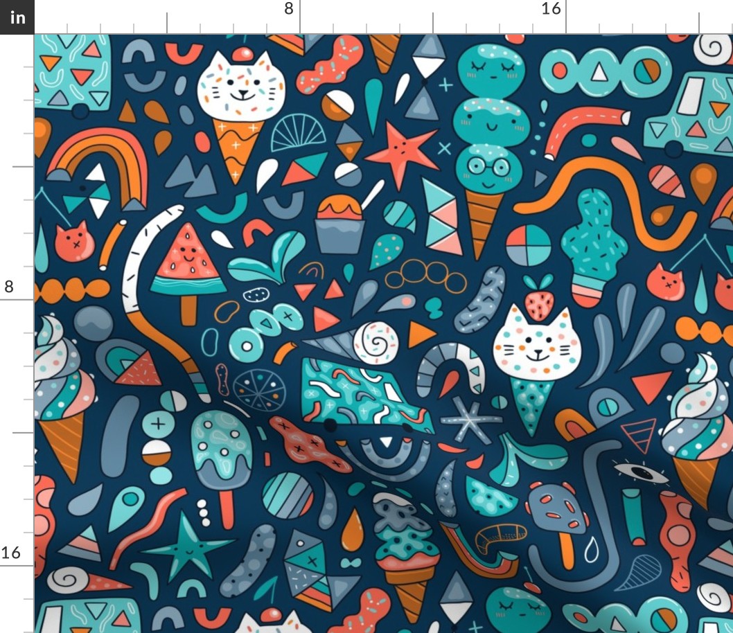 Large Funny summer design with cats, ice cream, shapes