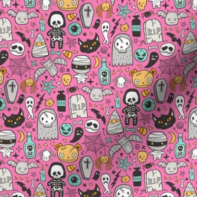 Halloween Doodle Skulls,Spiders,Skeleton,Bat, Ghost,Web, Zombies on Pink Smaller Tiny 1,5 inch