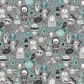 Halloween Doodle Skulls,Spiders,Skeleton,Bat, Ghost,Web, Zombies Mint Green on Dark Grey Smaller Tiny 1,5 inch