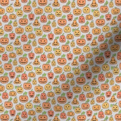 Halloween Jack-O-Lantern Scary Pumpkin Fabric   Orange on Light Grey Tiny Small