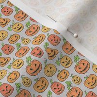 Halloween Jack-O-Lantern Scary Pumpkin Fabric   Orange on Light Grey Tiny Small