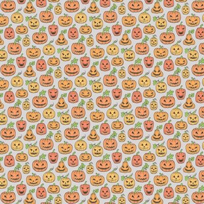 Halloween Jack-O-Lantern Scary Pumpkin Fabric   Orange on Light Grey Tiny Small