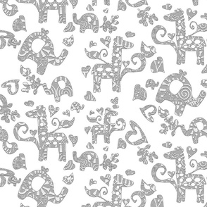 Grey Giraffes and Elephants on White