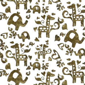 Gold Black Giraffes and Elephants on White