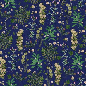 Vintage Wildflowers on Dark Blue / Small Scale