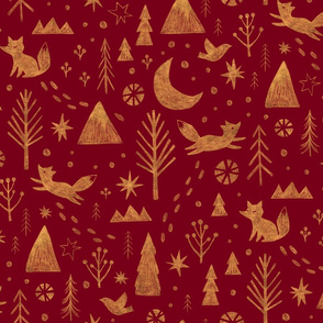 Winter fox - gold on cranberry red - large scale