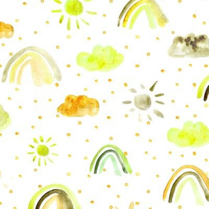 One happy day - sunny rainbows - watercolor rainbow sun clouds with dots - sunshine sky for nursery kids baby