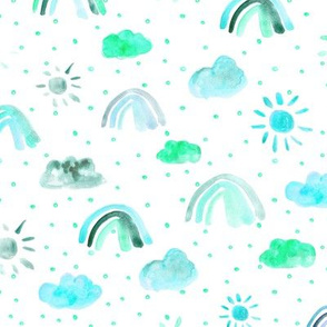 One happy day in mint shades - watercolor rainbows sun clouds with dots - sunshine sky for nursery kids baby