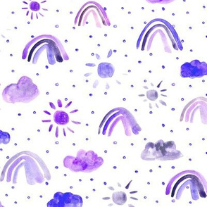 One happy day in purple shades - watercolor rainbows sun clouds with dots - sunshine sky for nursery kids baby p317