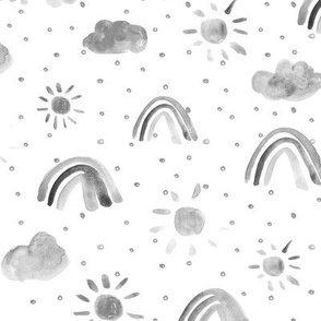 One happy grey day - watercolor rainbows sun clouds with dots - sunshine sky for nursery kids baby