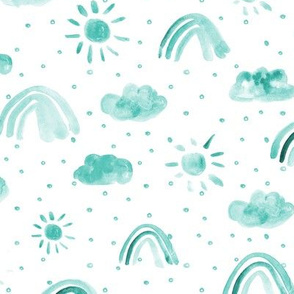 Emerald One happy day - watercolor rainbows sun clouds with dots - sunshine sky for nursery kids baby 317