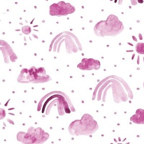 One happy day in raspberry pink - watercolor rainbows sun clouds with dots - sunshine sky for nursery kids baby p317