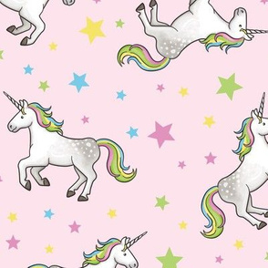 Rainbow Unicorns and Stars, scattered on cherry blossom – large scale