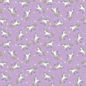 Rainbow Unicorns and Stars, scattered on lilac – small scale