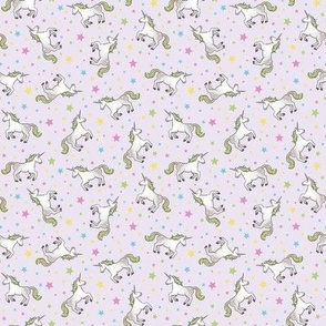 Rainbow Unicorns and Stars, scattered on pale lilac – small scale