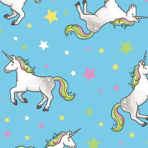 Rainbow Unicorns and Stars, scattered on tropical blue – large scale