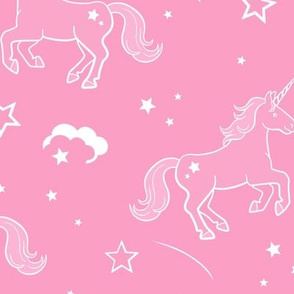 Unicorns with stars and clouds in bubblegum pink - large scale