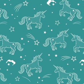 Unicorns with stars and clouds in teal - medium scale