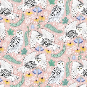 Snowy Owls on a Snowy Day - Pink Background (Small scale)