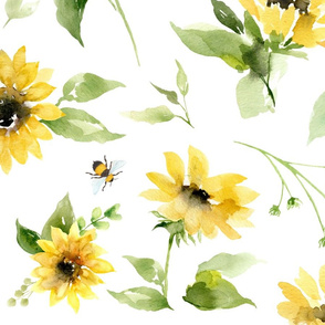 33” sunflowers and bees on white - wallpaper size - large scale floral