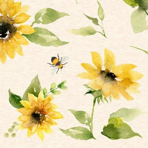 18” sunflowers and BEES on honey linen