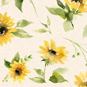 33” sunflower floral on honey linen - large scale floral - wallpaper