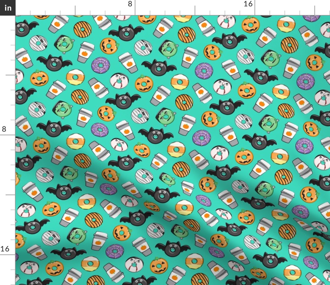 (small scale) Halloween coffee and donuts - teal  - bats, pumpkins, spider web, vampire - C20BS